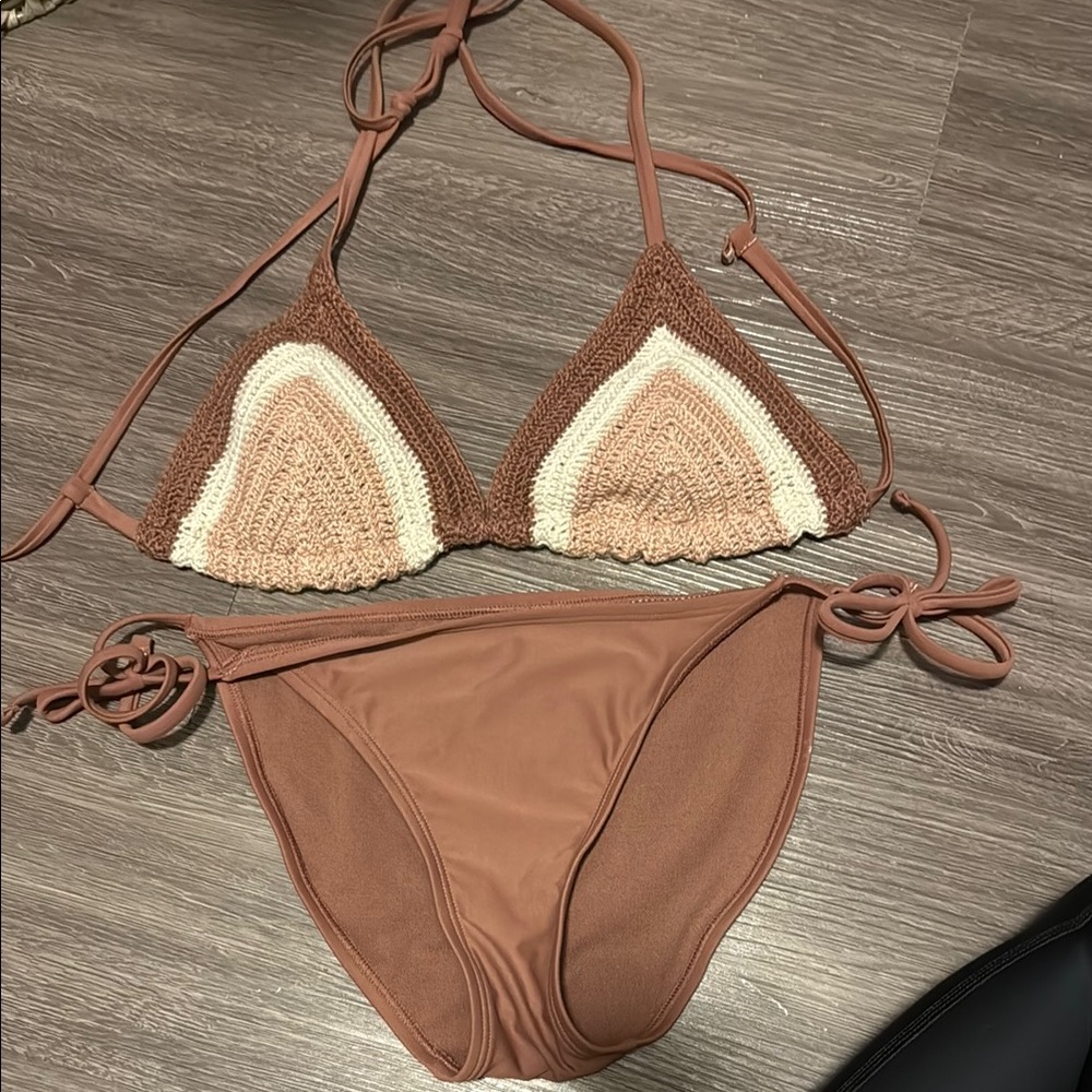 Brown and Cream Crochet Bikini Set